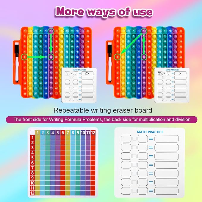 e3 Multiplication Table Game Pop Fidget Learning Toy Educational Math Game Board with Marker Rainbow Colors Educational Multiplication pop 12x12 Board Math Addition Stress Toy