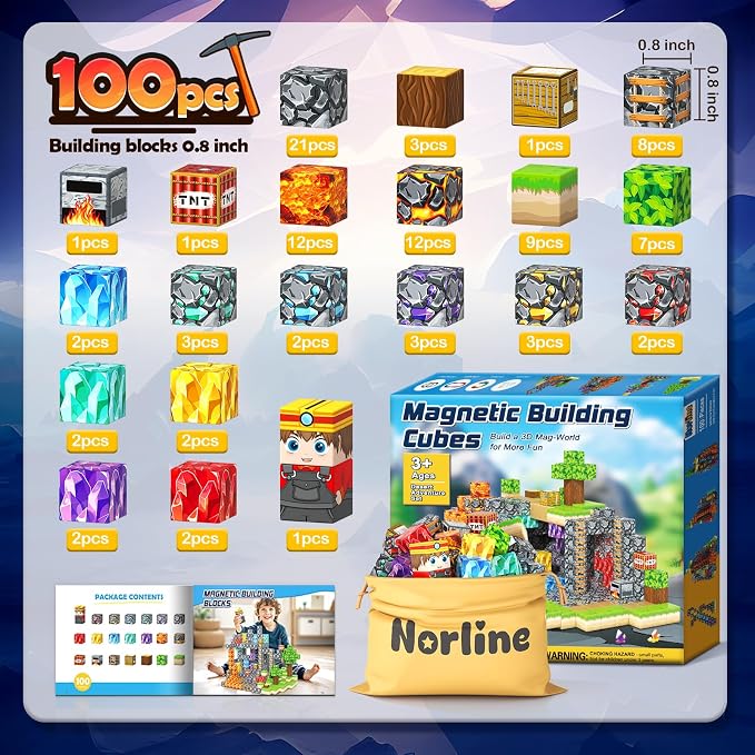100PCS Magnetic Blocks Building Toys STEM Learning Magnet blocks(0.8") | Magnetic Toys for Kids Age 3-5 4-8 5-7 8-12, Gem Cave Mine Magnet World Craft, Birthday Gifts for for 3+ Years Old Boys Girls