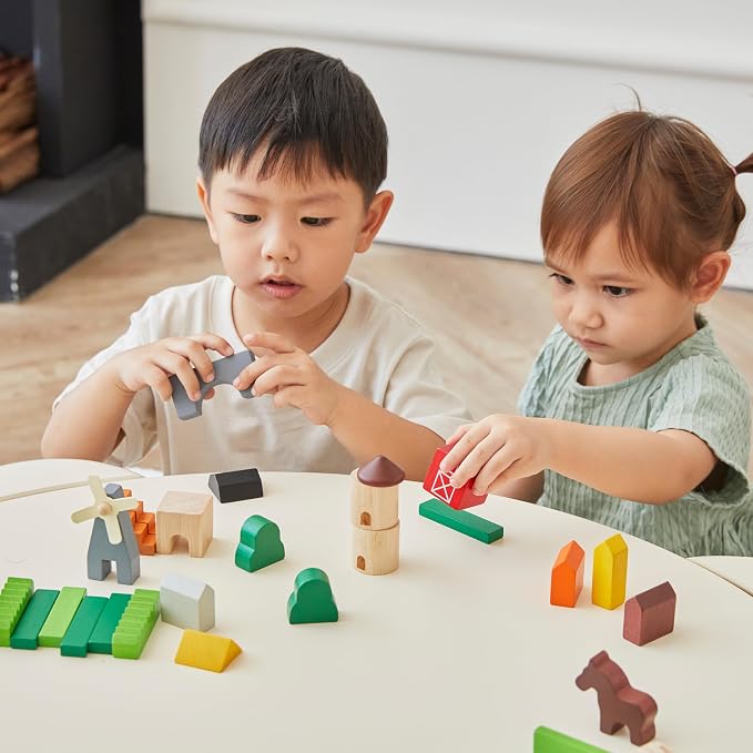 PlanToys® Country Blocks Wooden Montessori Building Imaginative Kids Play | shapes, houses, construction toys, sorting & stacking toys, girls, boys, spatial STEM fine motor creative gift set preschool