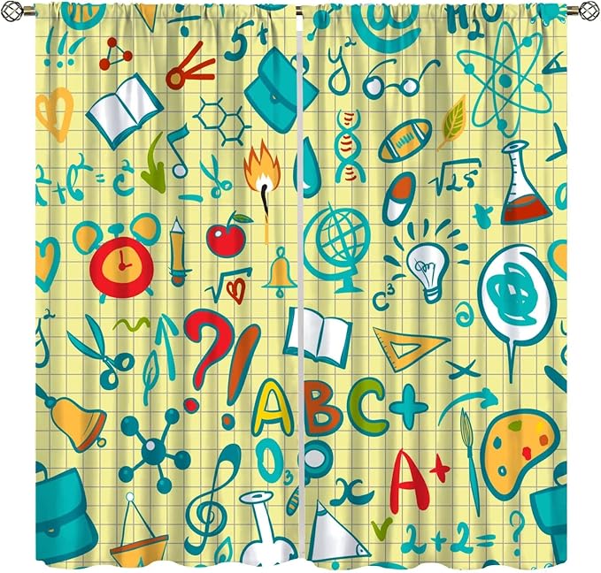 Science Physics Curtains, Abstract Math Chemistry Curtain Scientist Graffiti Print Window Treatments for Kids Teens Bedroom Living Room Set 2 Panels,42x45 Inches, Style-1