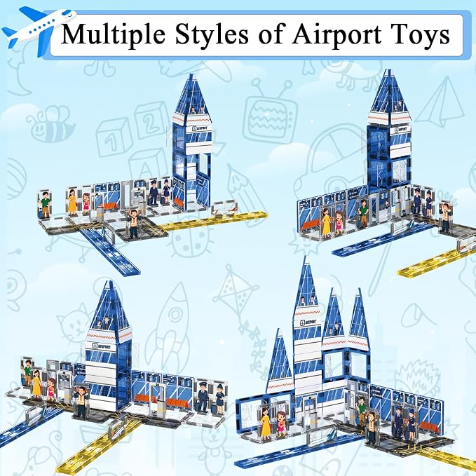 AFUNX Airport Magnetic Tiles Building Set for Kids Ages 3+ | Strong Magnets, Compatible with Major Magnetic Tile Brands,Pretend Play, Creative Building,Gift Ready