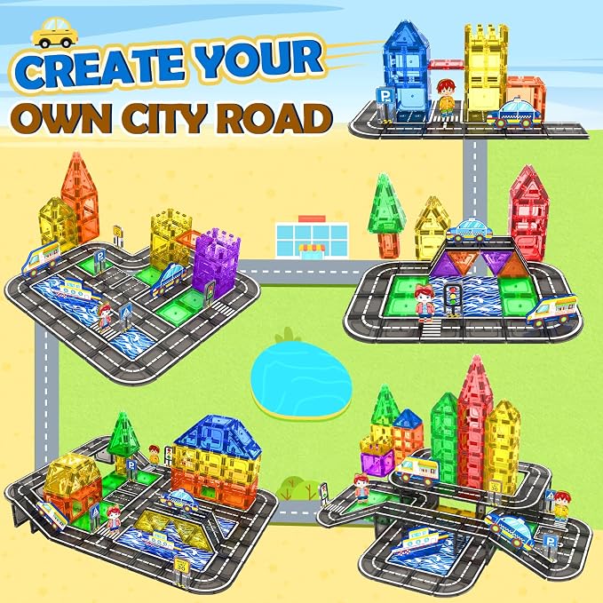 112PCS Magnetic Tiles Road Set with Vibrant Color & Ultra Magnet Strength, City Road Building Blocks Construction Toys for Toddlers Kids Ages 3-12, Creative Gifts STEM Toys for 3+ Years Old Boys Girls