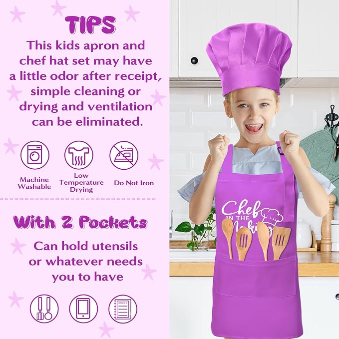 R HORSE Kid Apron and Chef Hat Set - 2Pcs Purple Adjustable Children Kitchen Toddler Apron with Pockets for Kids, Funny Dress up Pretend Play Toy Birthday Gift for Cooking Baking Painting