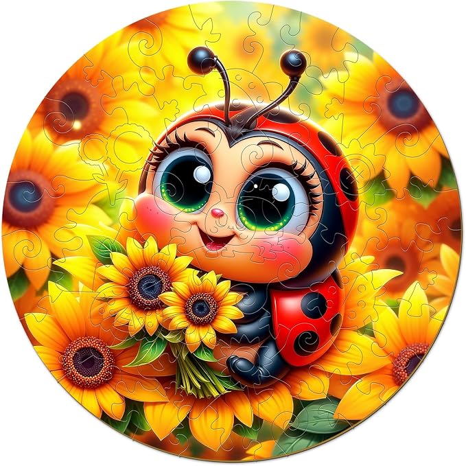 Animal Wooden Puzzles for Kids - Sunflower Ladybug | 50 Piece Puzzles for Kids Ages 6-8, Kids Puzzles with Unique Animal Shapes, Round Gift for Girls and Boys (11.4 * 11.4 in)