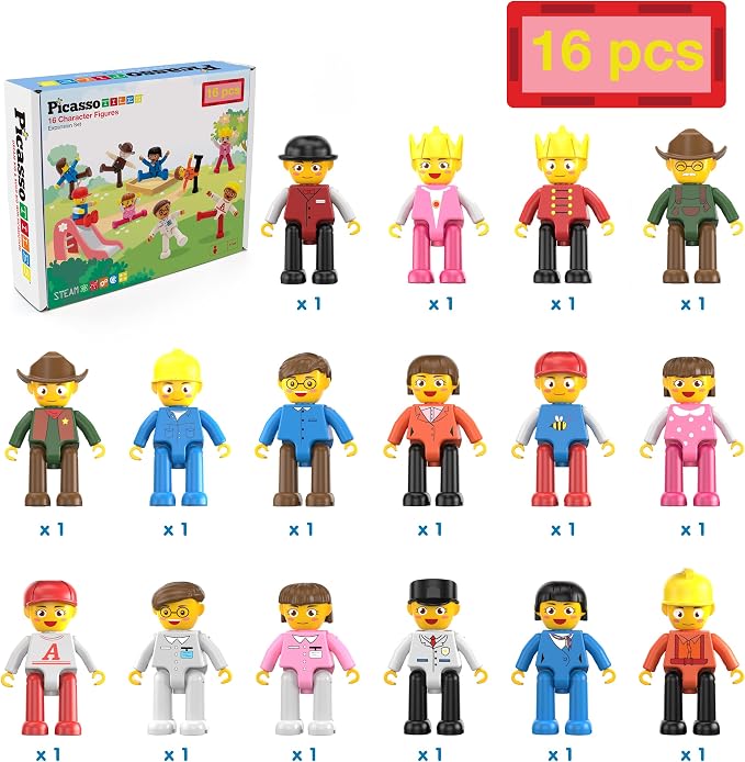 PicassoTiles Magnetic Character Figures Set, Toddler Style STEM People Toy | 16 pcs, creative pretend roleplay, open ended construction, interactive building block accessories, safe non toxic, ages 3+