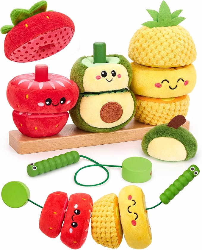 hahaland Montessori Toys for 1 Year Old Girl Boy, Stacking Rings Baby Toy | Soft Sorting & Stacking Toy Fruits with Wooden Stacker, Threading Set for Toddlers 1-3 Developmental 1st Birthday Girl Gifts