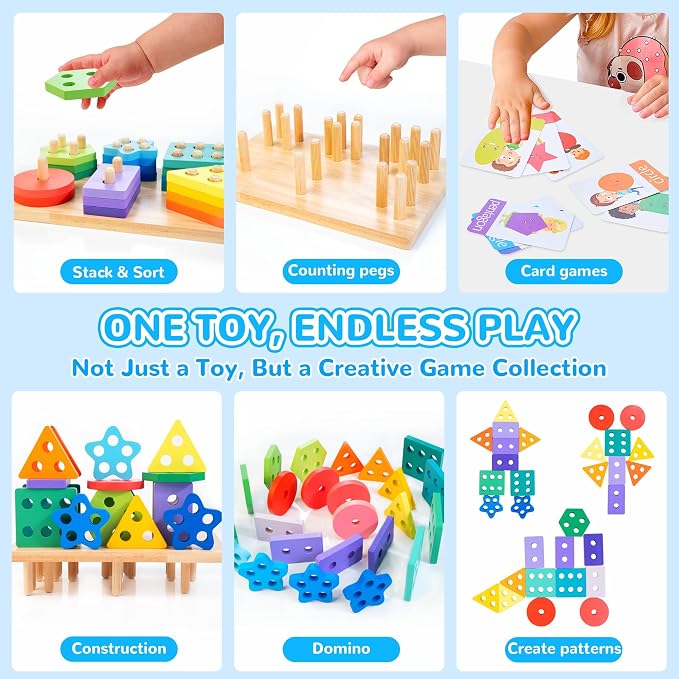 Wooden Sorting & Stacking Toys, Montessori Toys for 1 2 3 Years Old Toddlers, Shape Sorter Puzzles with 24-Piece Large Geometric Blocks & 12 Word Cards, Gift for 12+ Months Baby Boys Girls