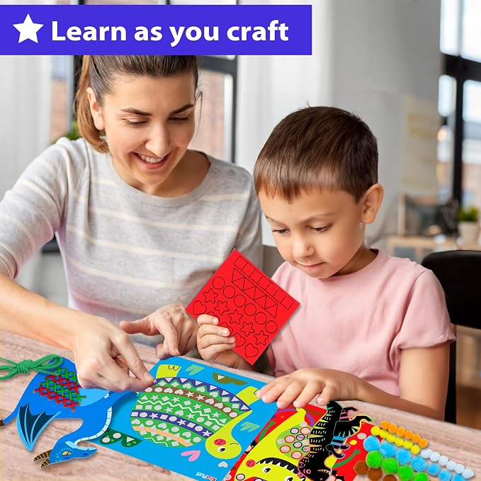 KRAFUN Toddler Beginner Art & Craft Kit Ages 3-5 | 10 Envelopes | 10 projects: Origami, Puppets, Lacing & Pompoms. Preschool educational activities. Creative DIY gift for boys & girls