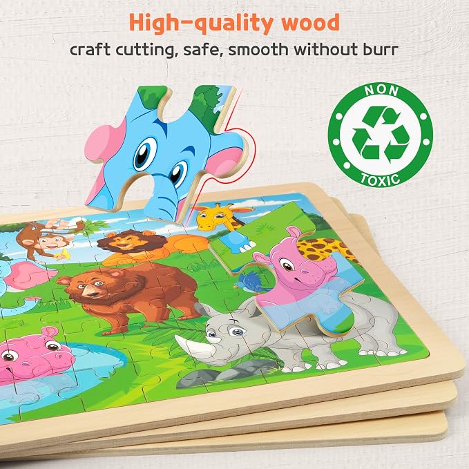 SYNARRY 6-Pack Large Wooden Jigsaw Puzzles for Kids Ages 4-6, 60-Piece | Puzzles for Kids Ages 4-8, Dinosaur, Farm, Safari Animals, Sea Life, Space & Vehicle Themes, Kids Toddlers Birthday Gifts