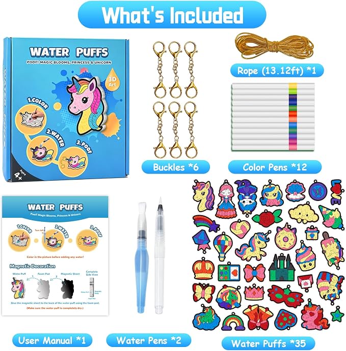 SOOVSY Magic Puffs 3D Art Kit for Kids, Water Activated Puffy Art Craft Kit with Princess Unicorn Designs, DIY Color & Inflate Activity, Screen-Free Travel & Rainy Day Toy for Girls Boys Ages 4-8