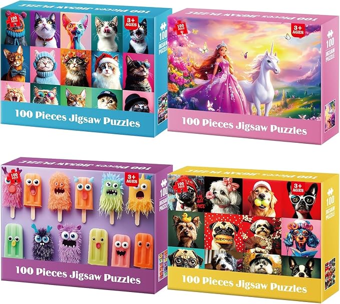 4-Pack 100 Piece Puzzles for Kids Ages 4-6 6-8 8-10 - Popsicles Unicorn Princess Cats Dogs Puzzle for Girls 4-6 Years Old 100 Piece Jigsaw Puzzle for Adults Toddler Children Learning Educational Toys
