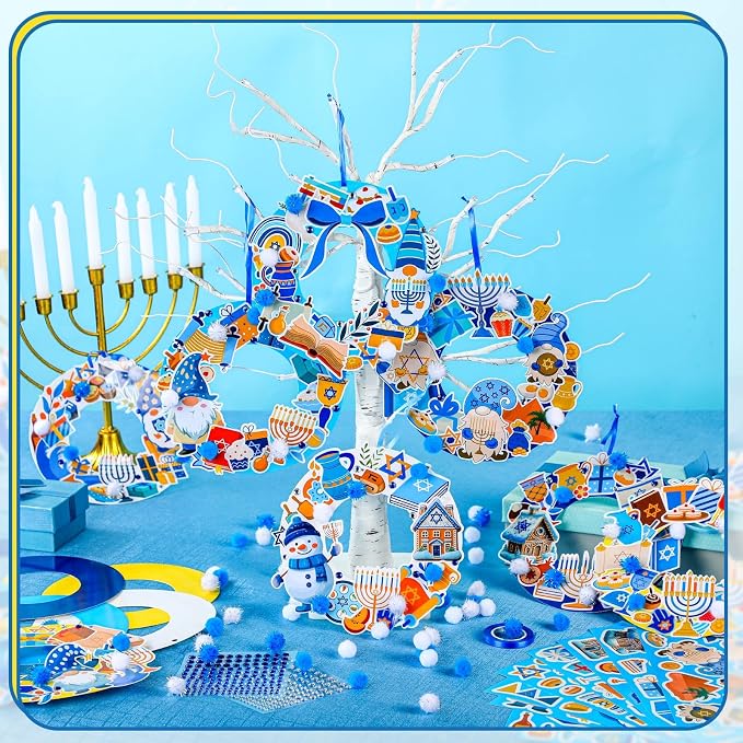 Hollowfly 48 Sets Hanukkah Wreath Craft Kits DIY Menorah Ornaments | Make Your Own with Stickers, For Kids Classroom Party Activities, Hanukkah Themed Hanging Decor, Home Celebration