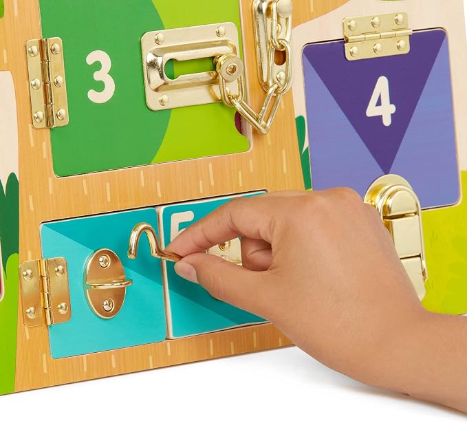 Battat Education – Wooden Latches Board Sensory Activity Toy for Toddlers, Montessori Doors and Locks Busy Board for Fine Motor Skills Development, Educational Toys for 3+ Years | Knock-Knock, Who's Inside? with 5 numbered doors, 2 spinning panels, and...