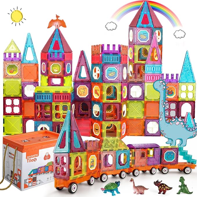 BUBUQE Magnetic Tiles Building Blocks with 4 Cars Magnet Train Set for Kids Construction STEM Toy Preschool Educational Creativity Learning Brithday Gift for Girls Boys Toddlers 3 4 5 6 7 8