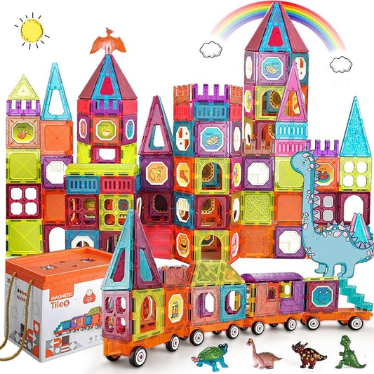 BUBUQE Magnetic Tiles Building Blocks with 4 Cars Magnet Train Set for Kids Construction STEM Toy Preschool Educational Creativity Learning Brithday Gift for Girls Boys Toddlers 3 4 5 6 7 8