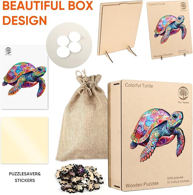 Mys Aurora Colorful Turtle Puzzles for Adults 500 Pieces Ocean Wood Puzzles | 5MM Thick Wooden Jigsaw Puzzles, Unique Shape Puzzle for Adults and Kids Birthday Gifts Family Game 17.3 * 17.3 inches