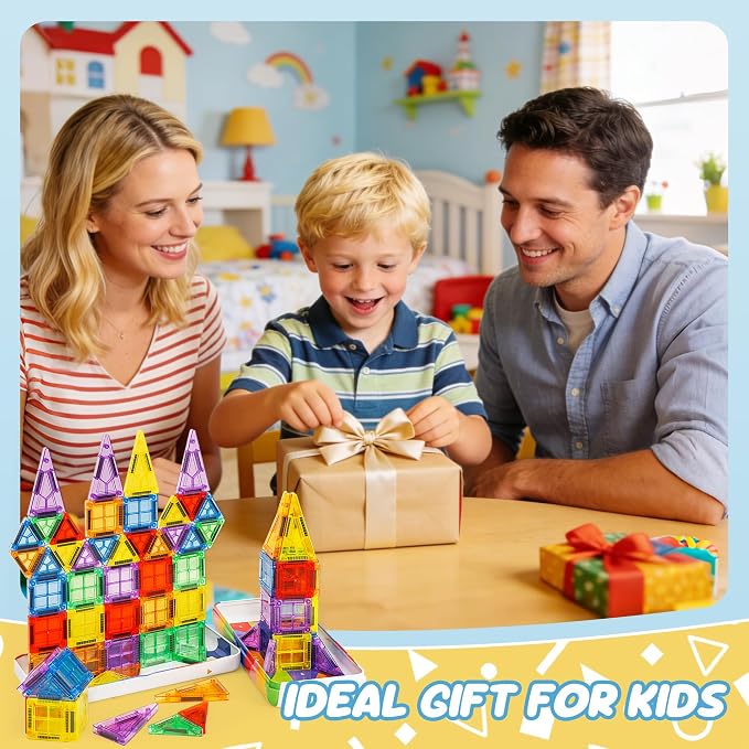 cossy Mini Magnetic Tiles, 80 PCS Magnet Tiles Travel Toys with Iron Box, Travel Magnetic Tiles for Restaurant, Car & Plane Play, Toys for 3 4 5 6 7 8 Year Old Boy and Girl
