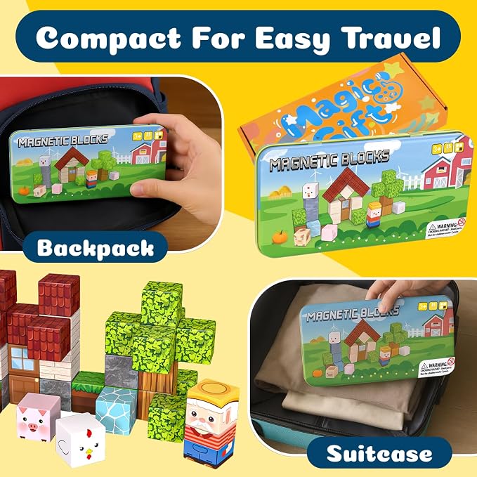 OAR 35 PCS Magnetic Blocks for Kids Ages 3-8, Farm Animal STEM Travel Toy | 35 Magnetic Cubes In An Iron Box Spark Creativity, Hand-Eye Coordination And STEM Thinking; Screen Free Travel Toy For Kids