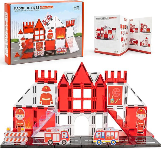 Large Magnetic Tiles for Kids, STEM Toys Building Set, Age 3+,37 Piece | Fire Rescue Magnetic Tiles Building Blocks with Rescue Scene Pieces, Firefighter Elements, Ideal Gift for Boys and Girls