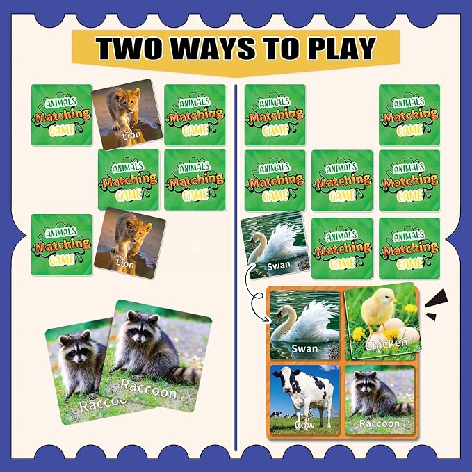 YTSQLER 100 PCS Animal Memory Matching Game | For kids Ages 4-8, toddlers 3-5, Preschool Learning Activities, Family Board Game, Animal Learning Card Game