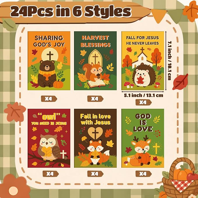 Dvbonike 24Pcs Fall Religious Animals Coloring Books DIY Color-in Pages | Autumn Party Favor, Christian Activity, Drawing Booklet Bulk, Sunday School Supplies, Classroom Rewards, Thanksgiving Gift