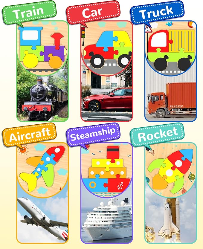 Wooden Toddler Puzzles Gifts Montessori Toys for 1 2 3 Years Old Boys Girls | 6 Vehicle Shape Puzzles, Boy Birthday Gift, Montessori Toys Educational Blocks for Toddlers 1-3, 2-4, Baby Learning Toys