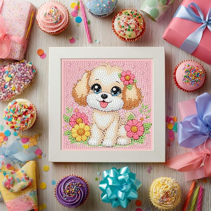 Gemozaic Dog Diamond Art Kits for Kids Ages 4-8-12 with Frame, 7 x 7 Inch | Cute Puppy Diamond Art for Kids 4 6 10 Year Old, Easy Kid Big Gem Painting, DIY Animal Arts and Crafts for Girl Birthday Gift