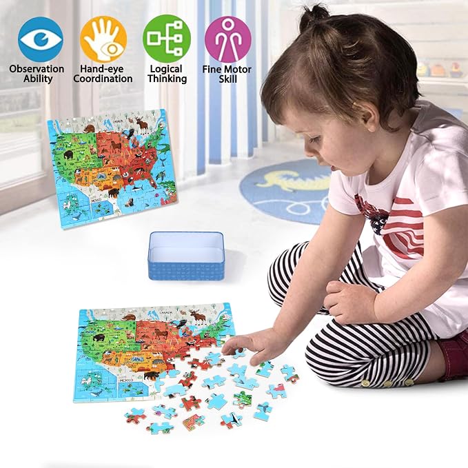 LELEMON United States Puzzles for Kids Ages 4-8,100 Pieces USA Fun America Animal Map Learning Educational Toys for Boys Girls