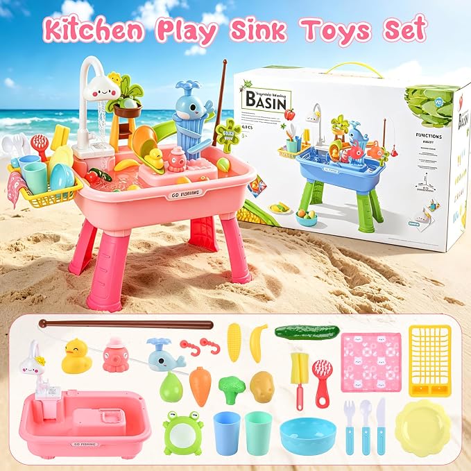 2027 Upgraded 4-in-1 Water Table for Toddlers 1-3, Kids Sensory Table with Electric Water Pump & Faucet, Kitchen Play Sink Toys with Food Accessories, Fishing Toy