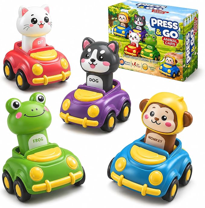 Press to Go Car Toys for Toddlers, Animal Cars for Babies 6-36 Months | 4 Pack Vehicle Set, First Birthday Gifts, Infant Sensory Toys, Baby Shower Gifts, Fun Gifts for Boys & Girls