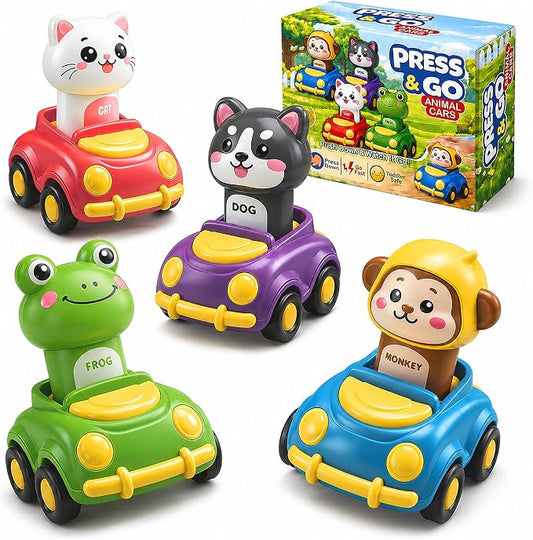 Press to Go Car Toys for Toddlers, Animal Cars for Babies 6-36 Months | 4 Pack Vehicle Set, First Birthday Gifts, Infant Sensory Toys, Baby Shower Gifts, Fun Gifts for Boys & Girls