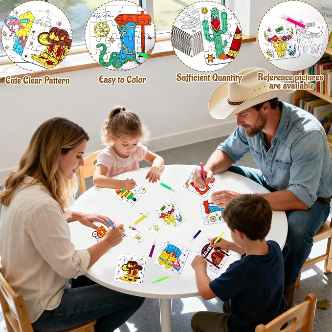 Western Cowboy Coloring Jigsaw Puzzle for Kids-DIY Horse Craft Party Favors | 24 Sets Color Your Own Crafts Blank puzzles, Fall Classroom Gift for Toddlers & Adults Birthday Game toy Supplies Arts Bulk