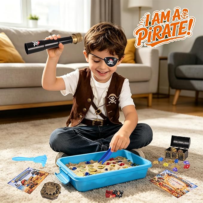 Pirate Treasure Chest Sensory Bin for Kids with Sensory Sand | Includes pirate figures, gems, coins and challenge cards for fine motor skills, counting activities Gifts for kids ages 3-6