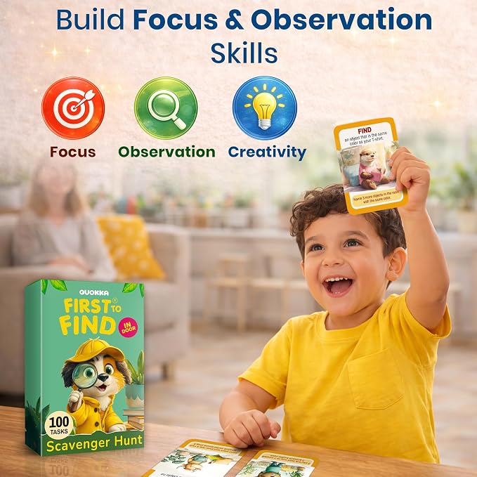 Scavenger Hunt Game for Kids Ages 4-8 and Family - Educational Card Game | Indoor Adventure Card Set with 100 Tasks for Rainy-Day Play, Home & Classroom Learning Activities