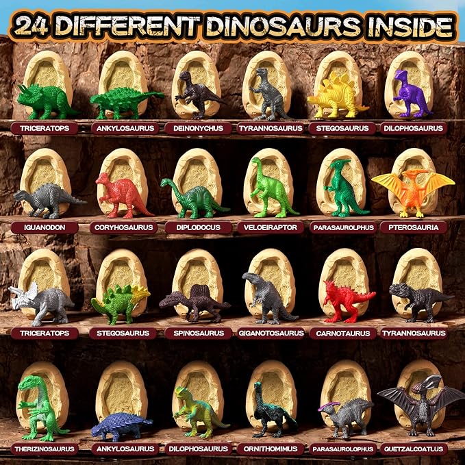 24 Dinosaur Eggs Dig Kit Toys for Kids, Excavation Kit with Magnifier | Easter Basket Stuffers, Science STEM Birthday Party Favors, Gifts for Boys Girls Age 3 4 5 6 7 8 9 10 + Years Old