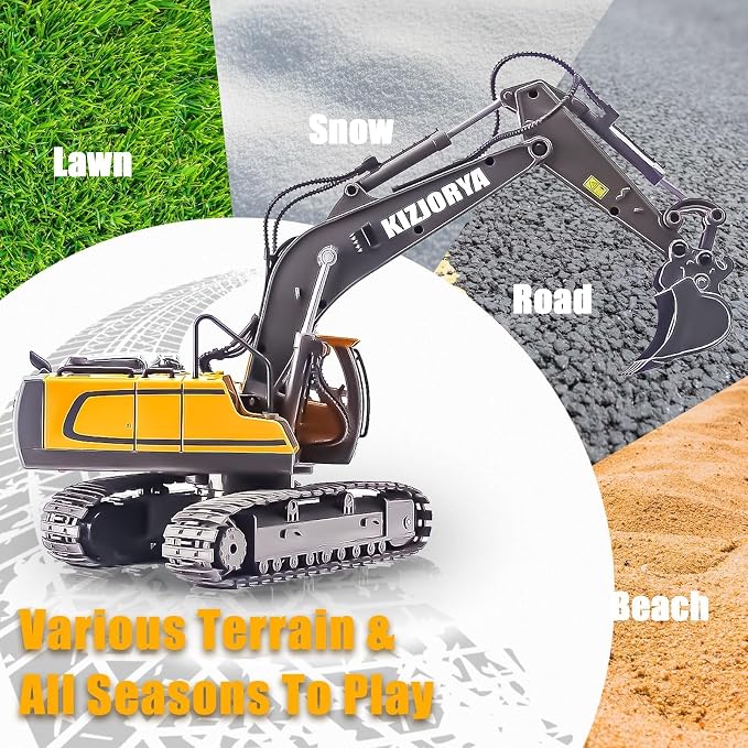 KIZJORYA Remote Control Excavator, Toys for Boys Age 6-12, Rechargeable 11 CH RC Construction Vehicles Truck with Sound Light Metal Shovel, Birthday for Kids 7 8 9 10+ Year Old(2.4 GHz)