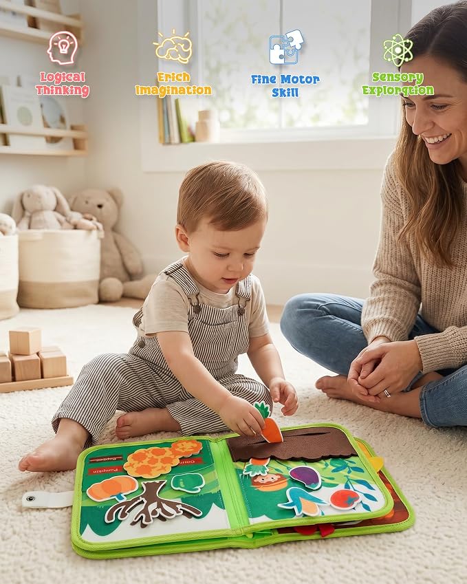 Montessori Busy Book for Toddlers, 8-Page Sensory Activity Book for Fine Motor Skills & Basic Dress Learning, Portable Travel Toy for Preschool Kids, Birthday Gift for Boys and Girls (Farm)