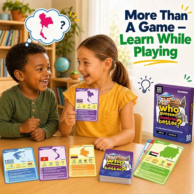 Quokka Who Guess It Better Countries – Educational Game with Visual Clues, Geography Learning Card Set, 50 Cards, Screen-Free Travel Game for Kids Ages 6+