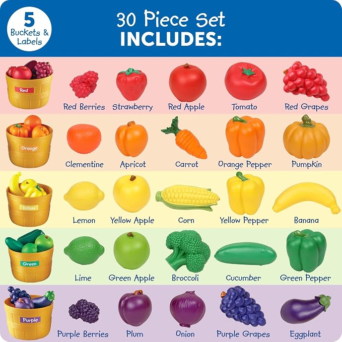 Learning Resources Farmer's Market Color Sorting Set | Pretend Play Food Sets for Kids Kitchen, Color Sorting Toys, Plastic Fruit and Vegetable Toy for Kids Kitchen Set