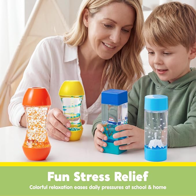 JOYIN 4-Pack Mini-World Fidget Tubes for Kids, Sensory Toys for Kids with Autism, Stress Relief Sensory Tubes, Preschool Toys for Kid, Toy for Autistic Kids 3-5, Birthday Gifts for Boys & Girls