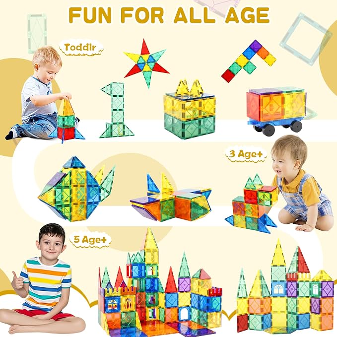 URBAN TOYS 100-Piece Magnetic Tiles for Kids Ages 3+ - STEM Building Blocks, Creative Construction Toy, Magnetic Tiles Blocks for Learning and Play Preschool Kids Games