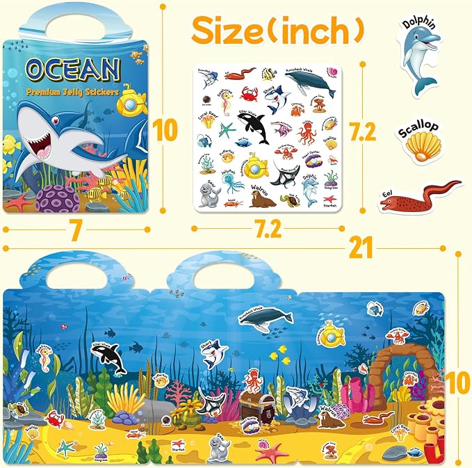 Reusable Sticker Book for Toddlers 3-6, Jelly Stickers for Kids, Sticker Activity Book Travel Toys for Car & Airplane, Educational Learning Gifts for Boys and Girls Ages (Ocean Theme)