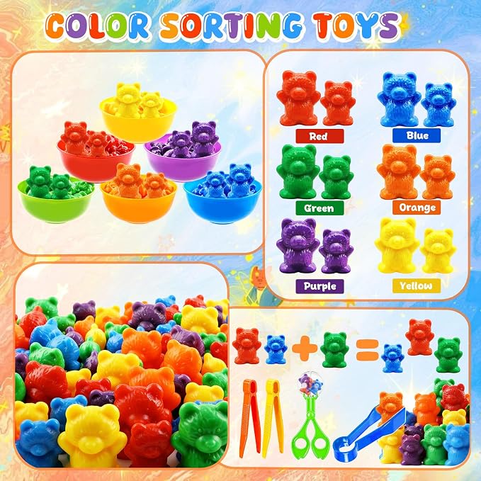 Bbiamsleep Rainbow Counting Bears, 105 Pcs Sorting Bears with Matching Cups | Color Sorting Bear Counters Fine Motor Skills Sensory Bin Tools Light Table Manipulatives for Sorting Counting Training