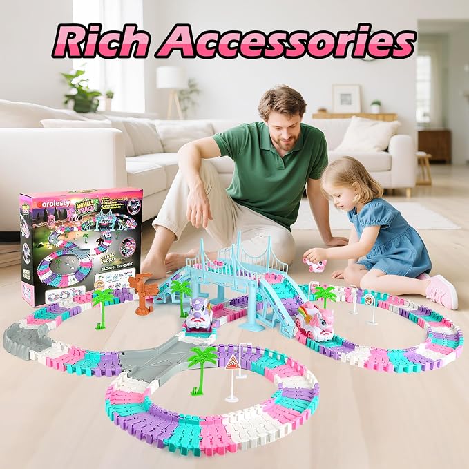 Coroiesty 268 PCS Unicorn Race Tracks for Kids Toys, Flexible DIY Track Set | Glow in The Dark Magic Toy Set, 2 Unicorn Cars Track, Birthday Gift for Age 3-9 Boys Toddler Girls