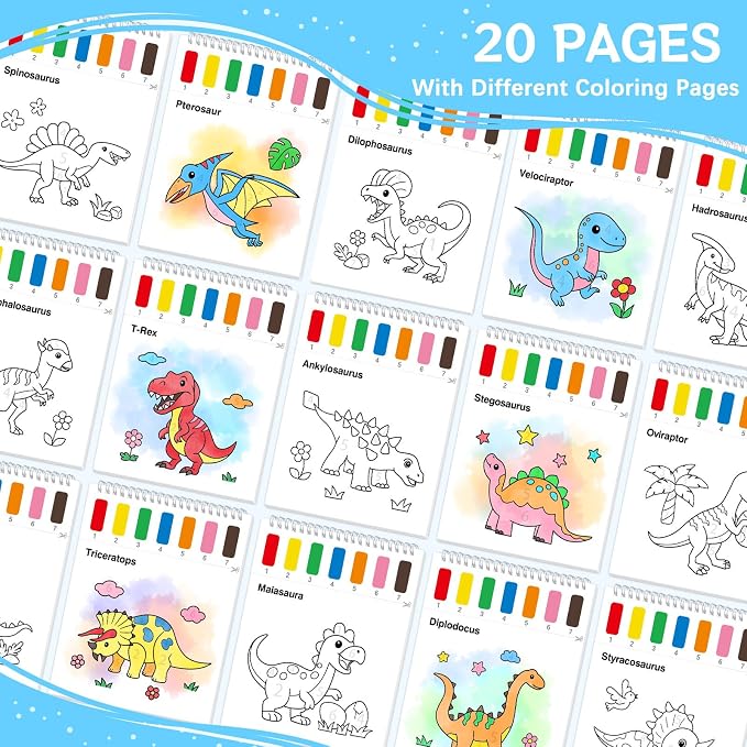 SOCOLER Paint with Water Coloring Books for Toddlers, Dinosaurs Theme Mess Free Watercolor Painting Papers for Kids Water Color Paint Kit Art Craft Birthday Gift for Ages 1-3, 4-8