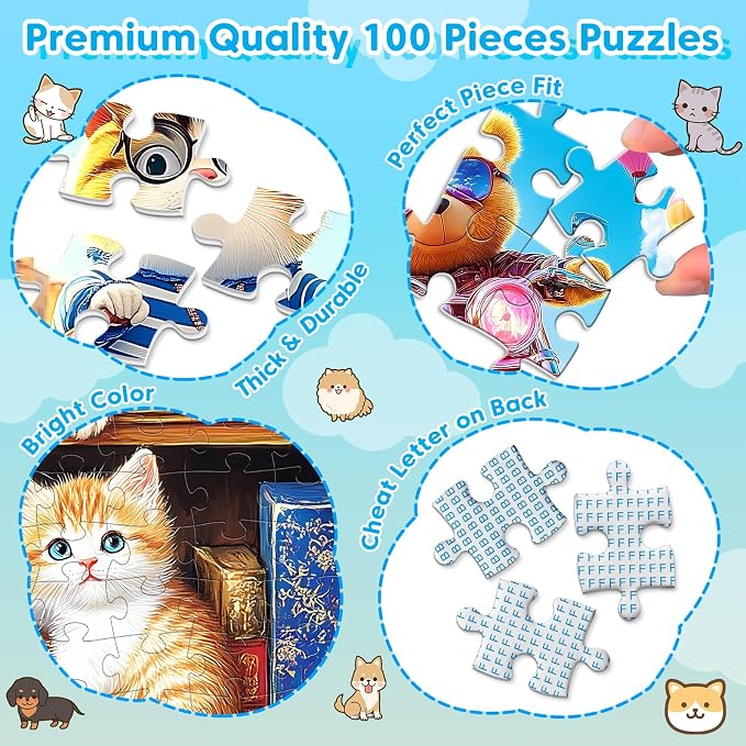 4-Pack 100 Piece Puzzles for Kids Ages 4-6 6-8 8-10 Year Old - Lovely Cats & Bear & Dogs Large Piece Jigsaw Puzzles, Kids Puzzles Learning Educational Toys Christmas Puzzle Gifts for Boys Girls