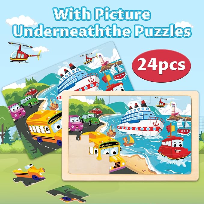 Wooden Puzzles for Kids Ages 3-5, 4 Packs Puzzles for Kids Ages 4-6,Vehicle | 24-Piece, Truck, Vehicle, Wood Jigsaw Puzzles for Toddlers 3-5,Preschool Educational Toys, Gifts for Children Ages 4-8 Boys