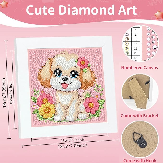 Gemozaic Dog Diamond Art Kits for Kids Ages 4-8-12 with Frame, 7 x 7 Inch | Cute Puppy Diamond Art for Kids 4 6 10 Year Old, Easy Kid Big Gem Painting, DIY Animal Arts and Crafts for Girl Birthday Gift
