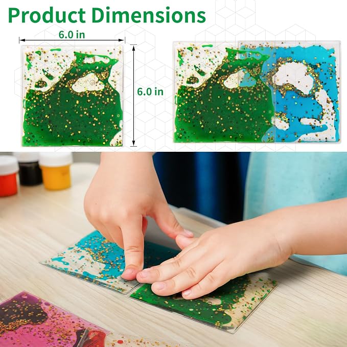 LONGKING 2-Pack 6"x 6" Liquid Tiles for Kids, Soft Gel Liquid Sensory Toys for Autistic Children, Sensory Mats, Sensory Toys for Toddlers 3-4 | Sensory floor tiles, soft liquid gel, 6"x6", color movement play mat, playroom classroom daycare, 2-pack