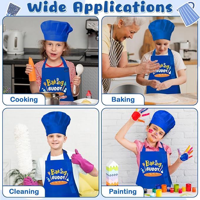 R HORSE 2 Pieces Kid Apron and Chef Hat Set, Dress up Role Play Chef Toy | Blue Baking Buddy Adjustable Children Kitchen Apron for Boy, Ideal for Cooking, Baking, Painting, Cooking Birthday Gift